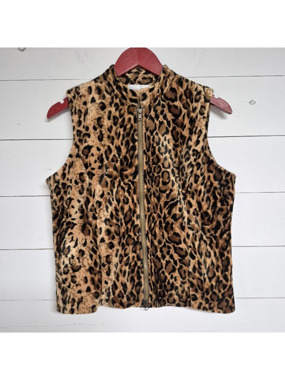 Leopard Print Faux Fur Zip-Up Vest Sleeveless S By Jordan Polyester Womens